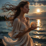Женщина возле воды, с луной и ракушками