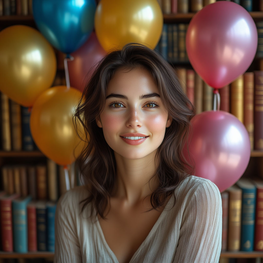Женщина с легкой улыбкой, на фоне книг и воздушных шаров