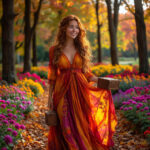 Женщина на фоне осеннего сада с гармоничными красками, символы баланса и красоты