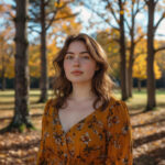 Женщина в осеннем парке с прохладным светом, символ свободы и нестандартности в любви