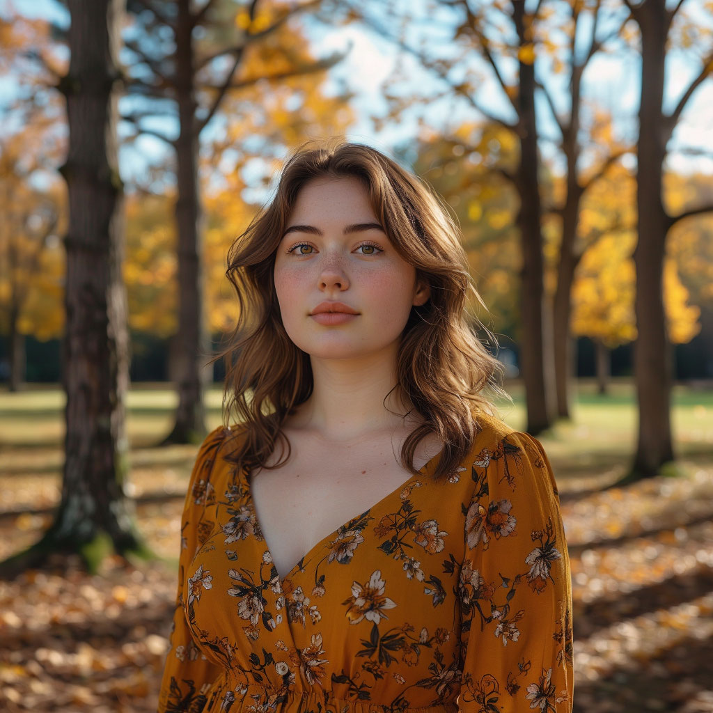 Женщина в осеннем парке с прохладным светом, символ свободы и нестандартности в любви
