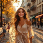 Женщина с легкостью и воздушностью на фоне осеннего города, символ умения находить общий язык в любви