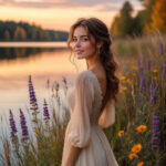 Женщина на фоне осеннего озера с мягким светом, символ домашнего тепла и эмоциональной глубины