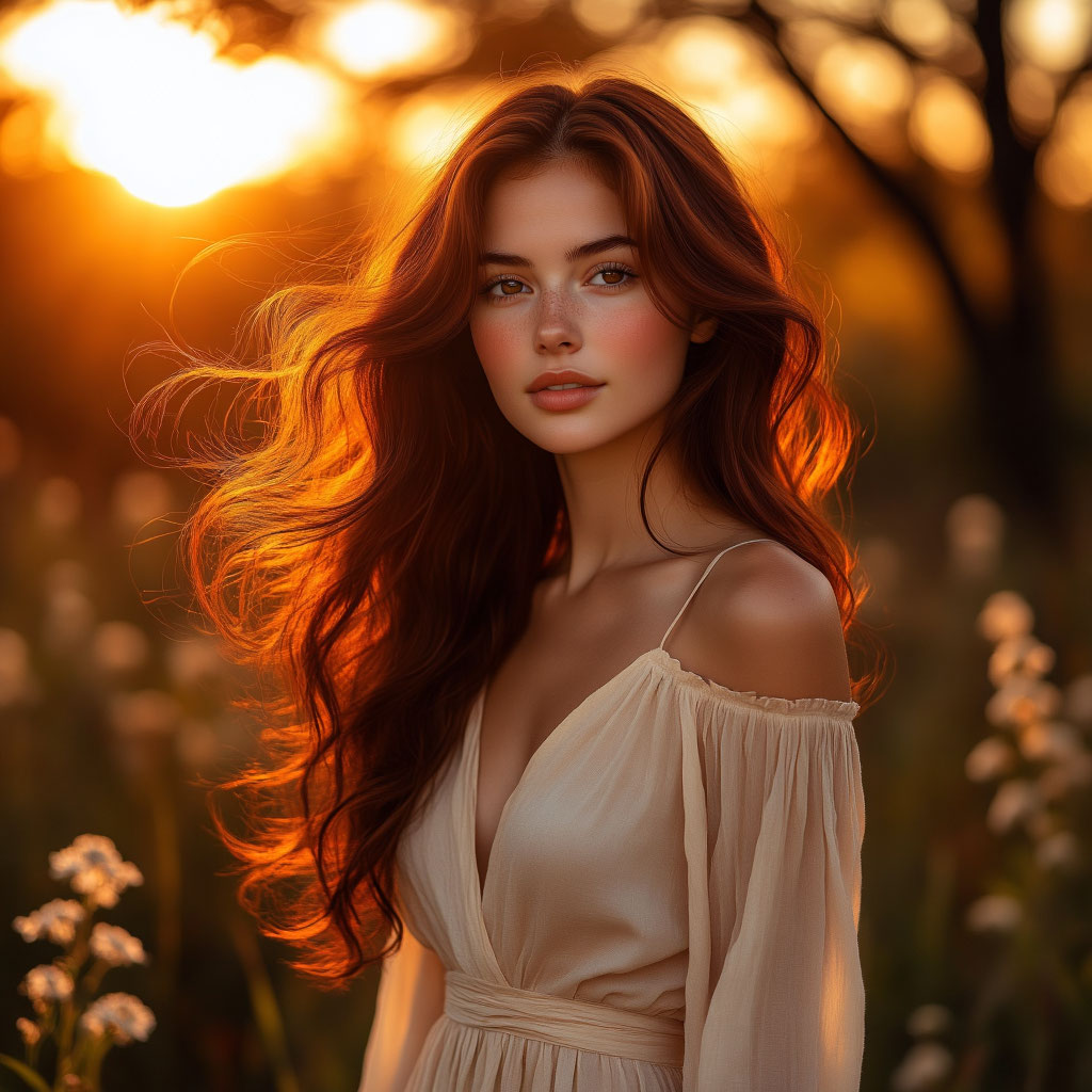 Женщина с яркой гривой на фоне осеннего солнца, символ уверенности и страсти в любви