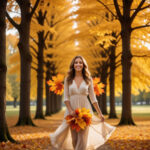 Женщина в осеннем парке с золотистыми листьями, символизирующая баланс и красоту в любви