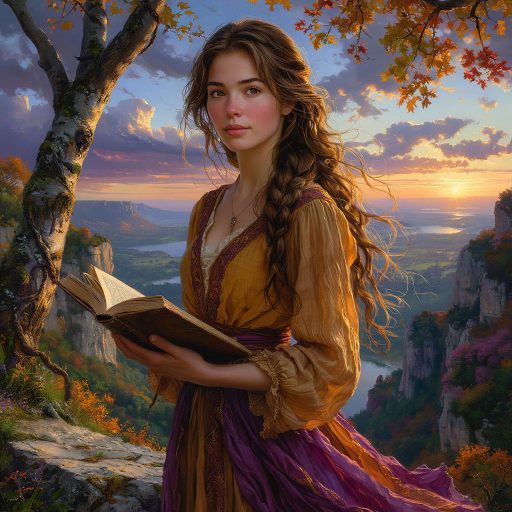 Женщина на фоне осеннего пейзажа с нотками спокойствия и решимости, символ стойкости и надежности в любви