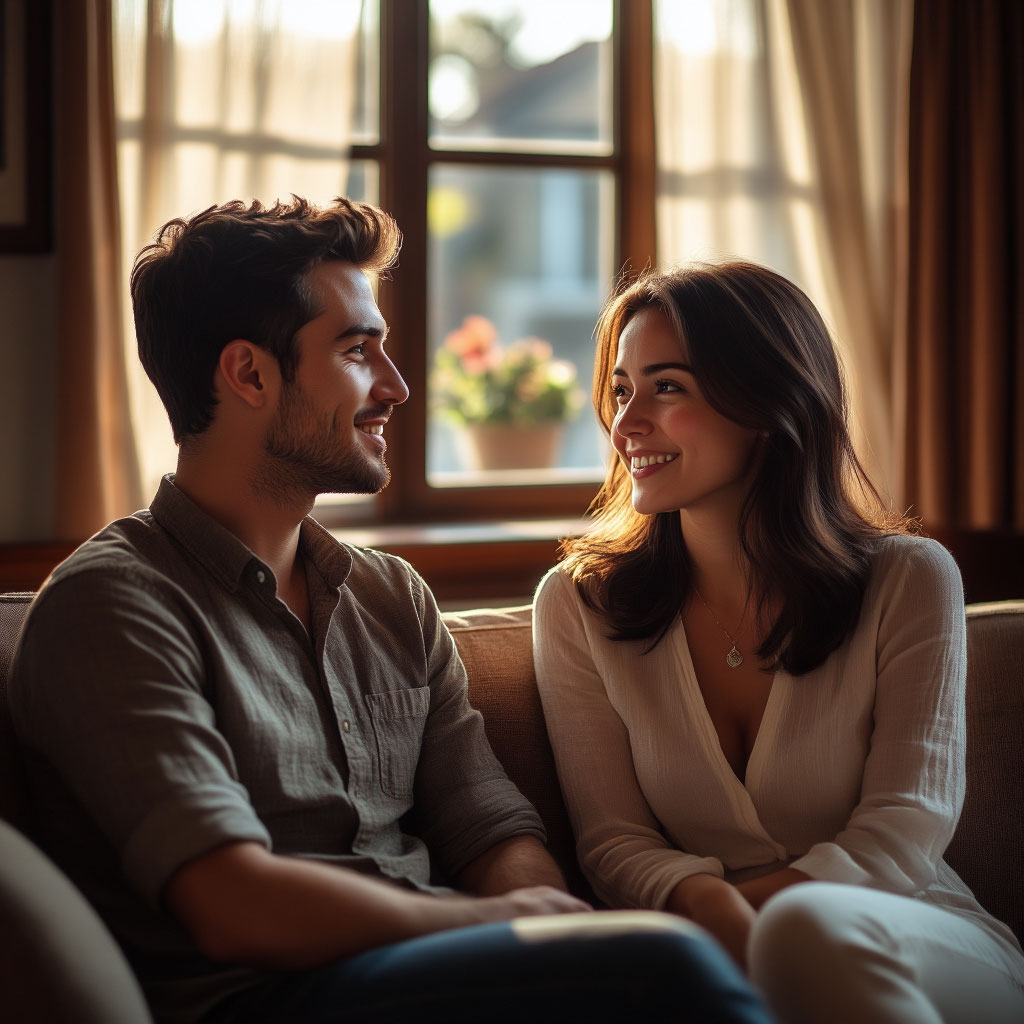 Мужчина и женщина в непринужденной беседе, выражающей взаимную симпатию