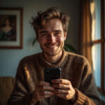 Мужчина держит телефон, готовясь позвонить, с легкой улыбкой на лице