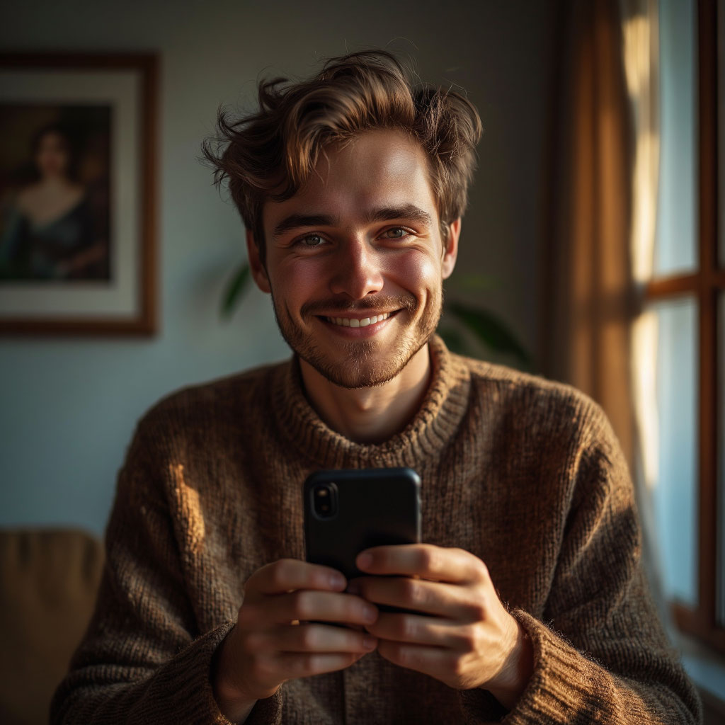 Мужчина держит телефон, готовясь позвонить, с легкой улыбкой на лице