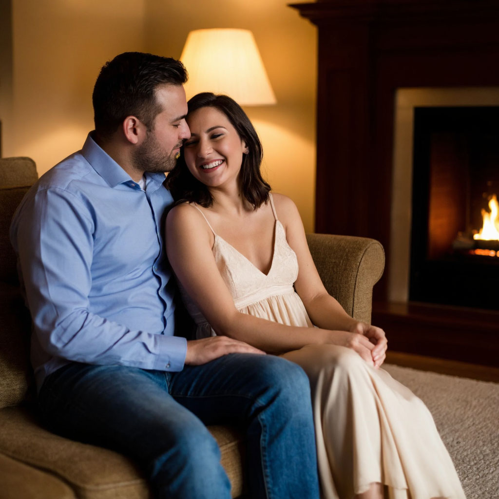 Пара улыбается, мужчина шепчет женщине слова любви