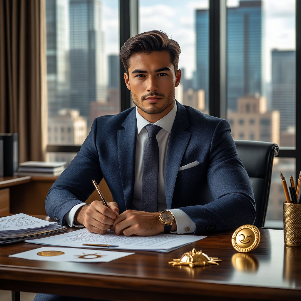 Уверенный человек в офисе с символами знака Телец, карьерный рост и стабильность