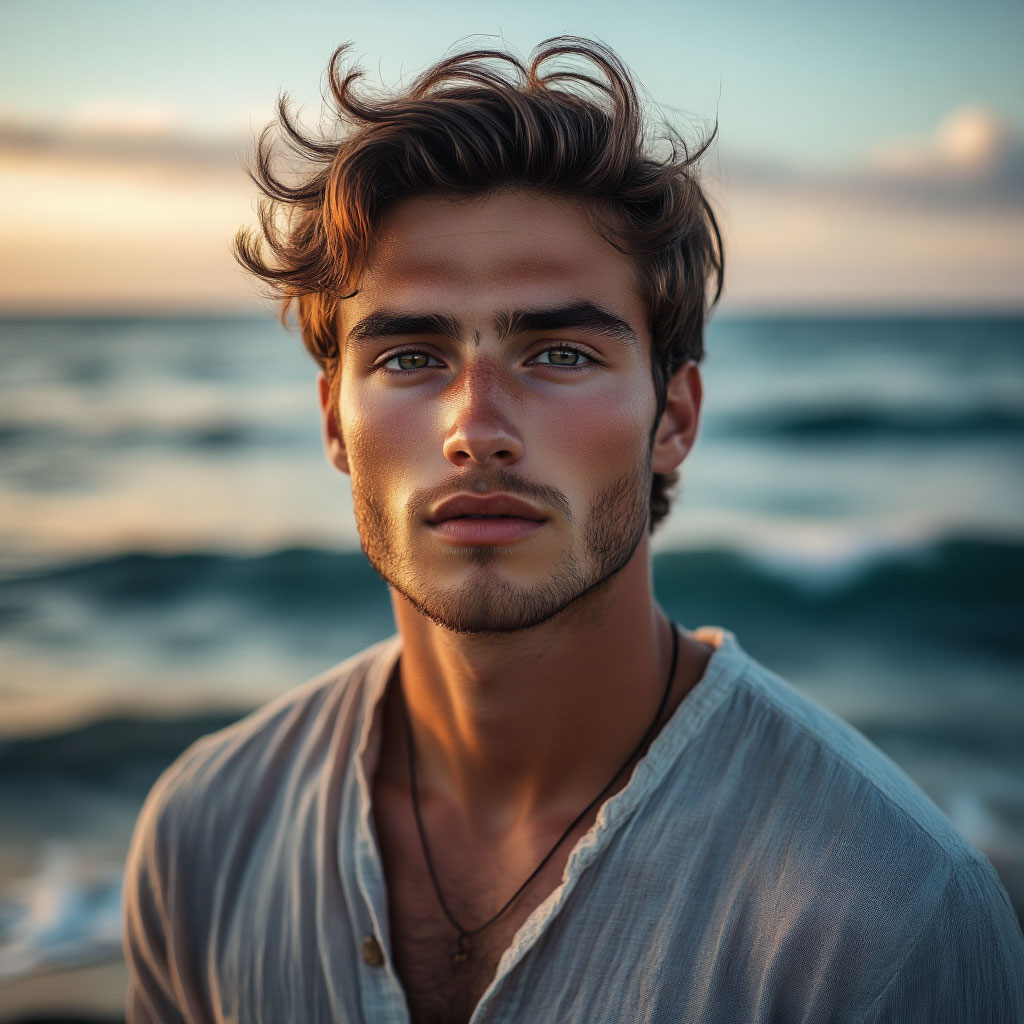 Творческий и эмпатичный мужчина с символикой знака Рыбы на фоне океана, карьера и вдохновение