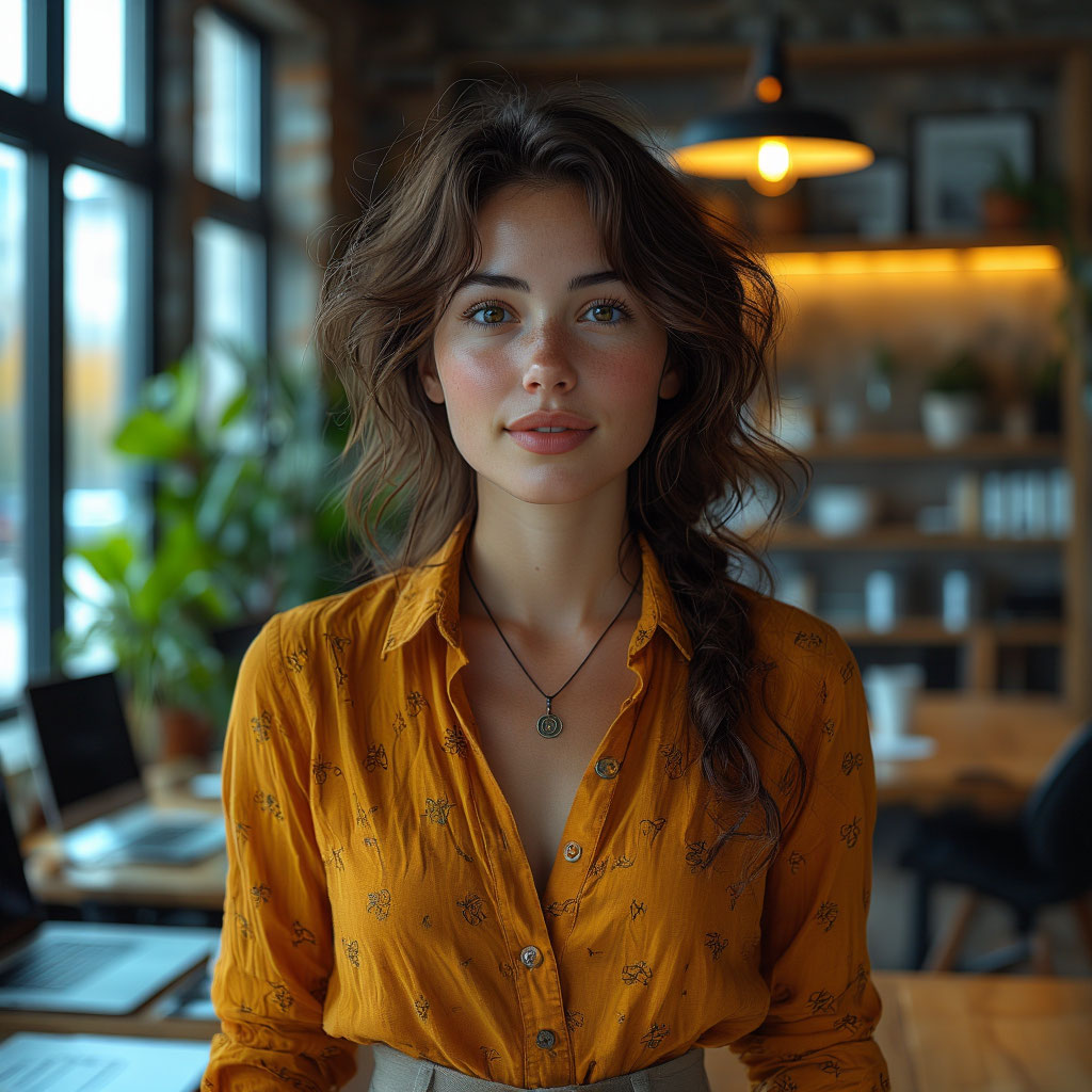 Активный и энергичный человек в современном офисе с элементами символики знака Близнецов, динамичная рабочая обстановка