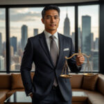 Элегантный человек в деловом костюме с символом Весов, гармония и баланс в карьере