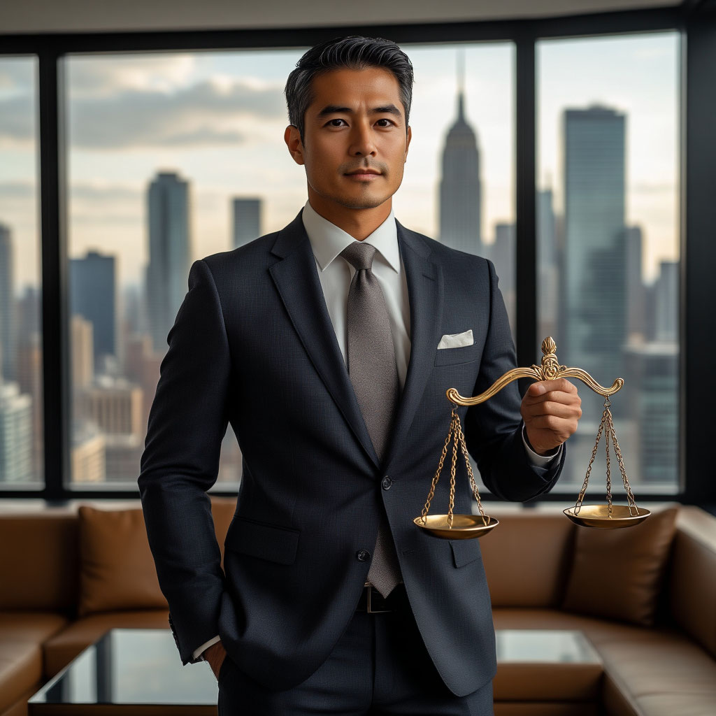 Элегантный человек в деловом костюме с символом Весов, гармония и баланс в карьере