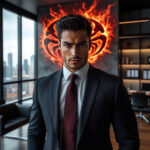 Уверенный человек с интенсивным взглядом на фоне символики знака Скорпион, карьера и сила