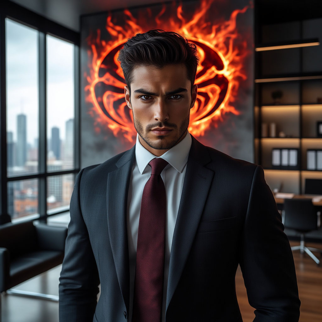 Уверенный человек с интенсивным взглядом на фоне символики знака Скорпион, карьера и сила