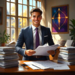 Активный и энергичный человек в офисе с символикой Стрельца, динамика и успех в карьере