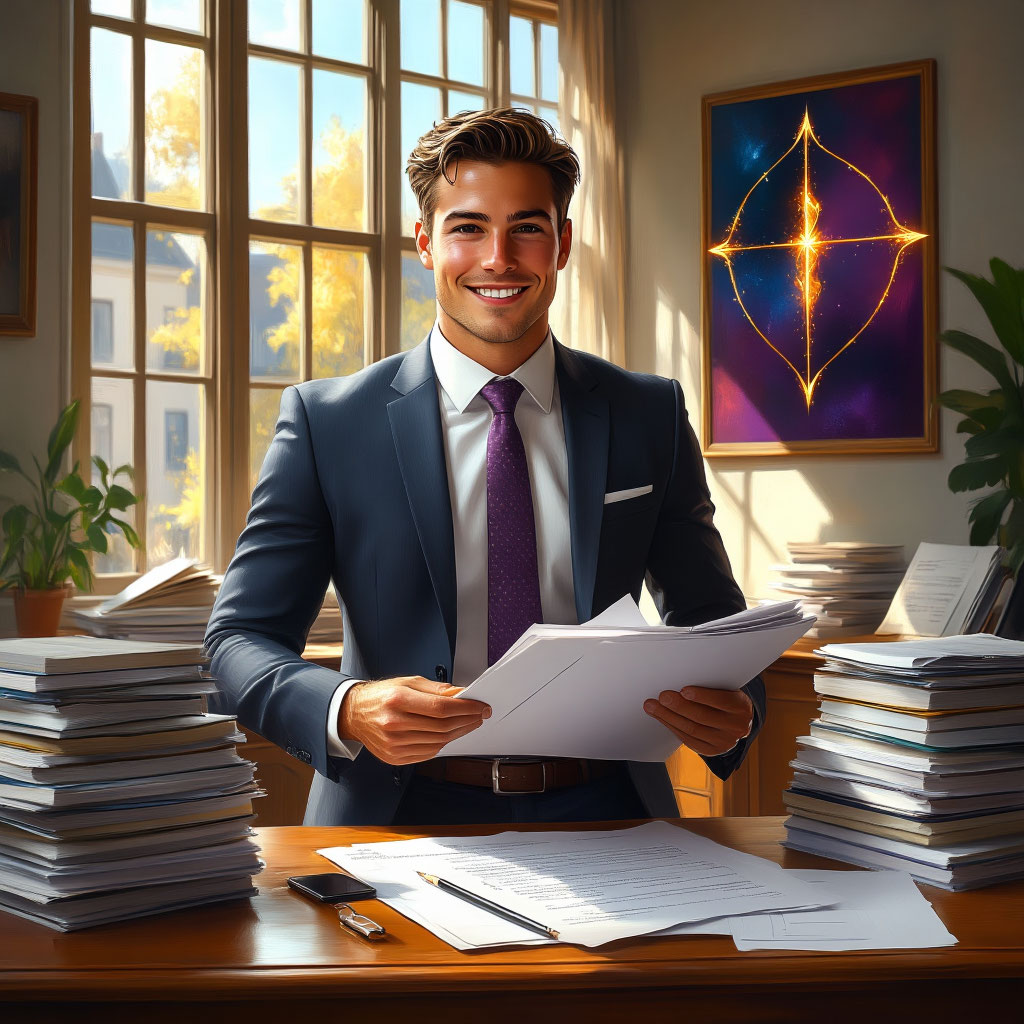 Активный и энергичный человек в офисе с символикой Стрельца, динамика и успех в карьере