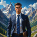 Серьезный и целеустремленный человек в деловом костюме на фоне гор, символ Козерога, профессионализм