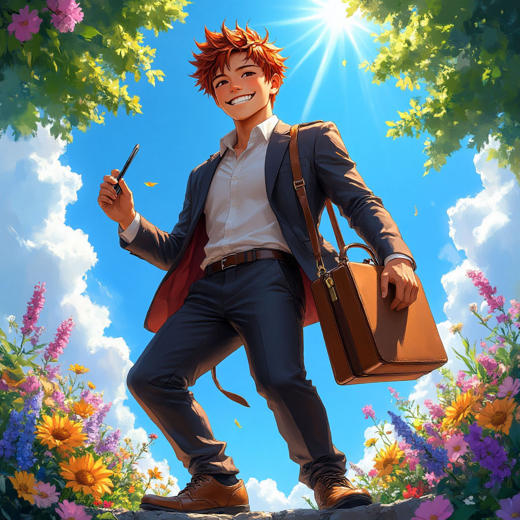 Динамичный и энергичный молодой человек под открытым небом, символизирующий знак Овен, карьера и успех