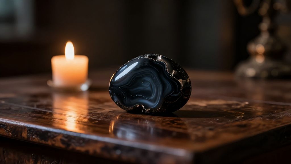 Черный агат в магическом антураже при свечах