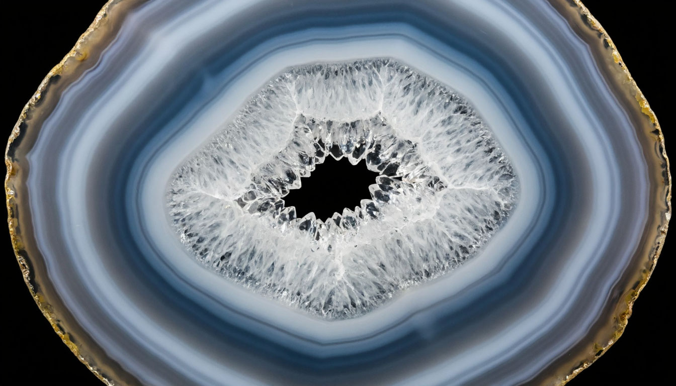 Срез натурального слоистого агата с кристаллами внутри