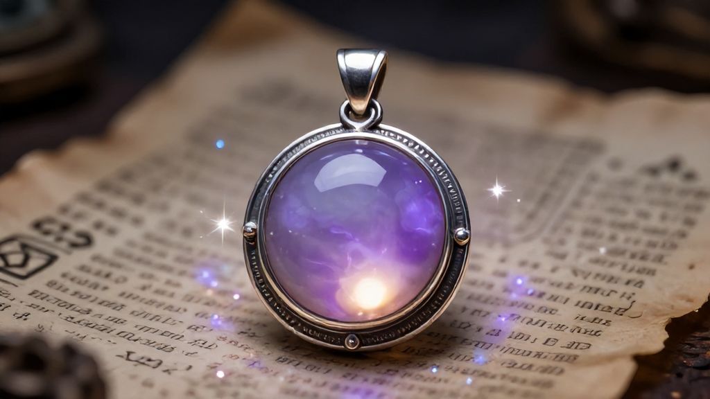 Магический кулон с лавандовым халцедоном на старинном пергаменте