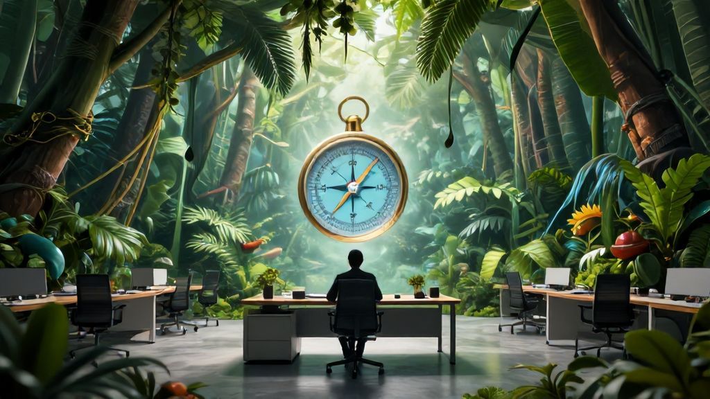 Офисное пространство превращающееся в джунгли как метафора внутреннего поиска Стрельца