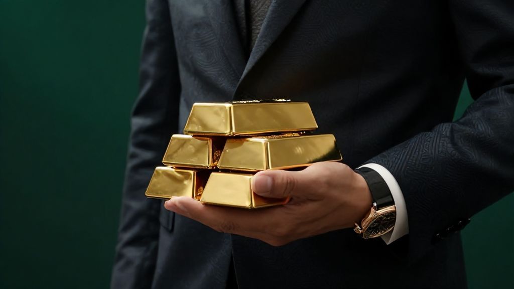 Золотые слитки в руках успешного человека как символ финансовой стабильности