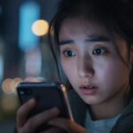 Девушка задумчиво смотрит в экран смартфона в темной комнате, анализируя просмотры в соцсетях.