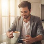 Мужчина улыбается и пишет сообщение в смартфоне ранним утром за чашкой кофе.